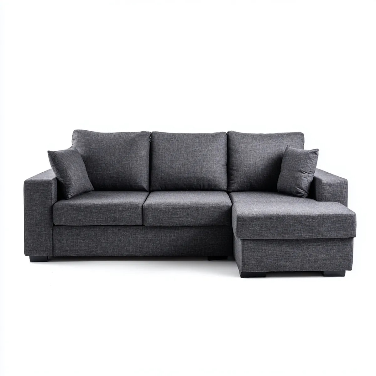 Sofa, Kanapa narożna 3 fotele z krzesełkiem z prawym, ciemnoszarym poliestrem 230 x 150 x 85 cm