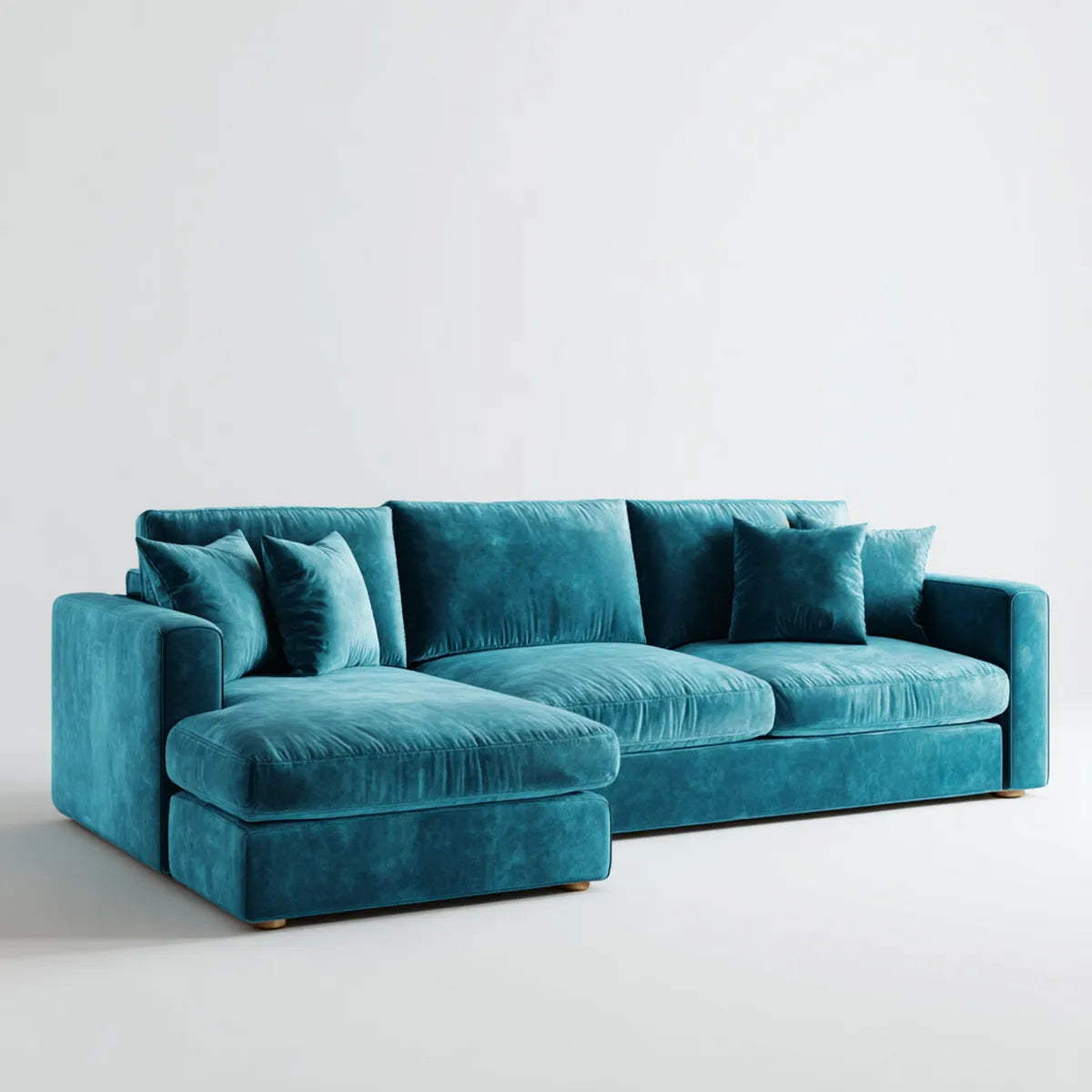 Sofa, Kanapa narożna 3 fotele z krzesełkiem z lewej turkusowej poliestrowej aksamitu 260 x 160 x 85 cm