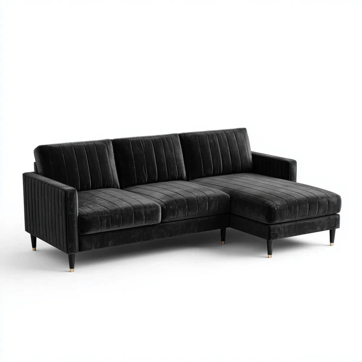 Sofa, Czarna narożna sofa po prawej stronie w poliestrowym aksamicie 250 x 160 x 84 cm do L