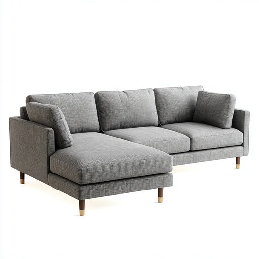 Sofa, Rożna sofa 3 miejsca szary z krzesełkowym longiem lewo 250 x 155 x 85 cm w kształcie poliestru L