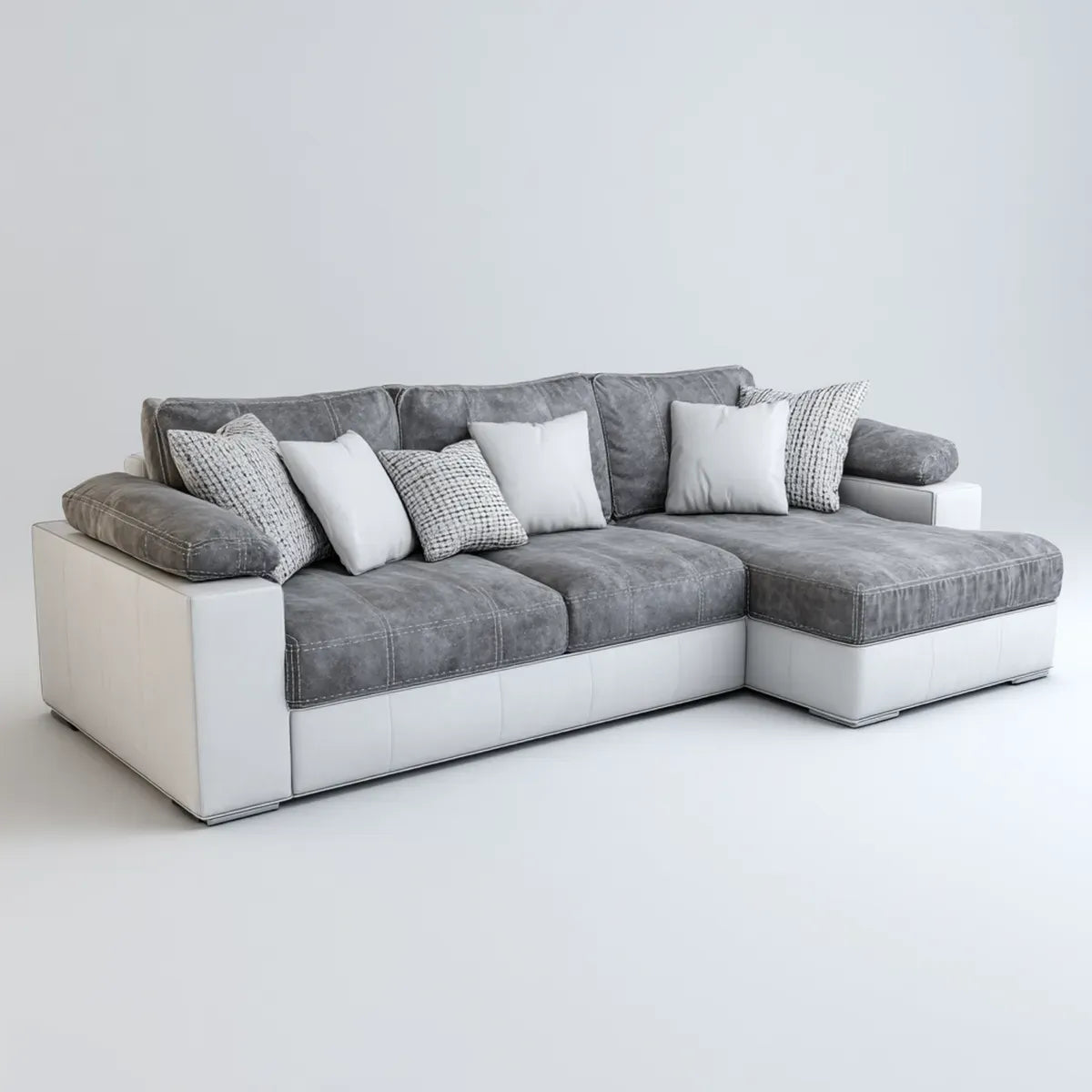 Sofa, Kanapa narożna z szarym i białym krzesełkiem w mikrofibrze poliestrowym i PU 270 x 165 x 85 cm