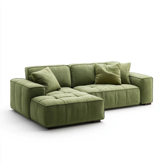 Sofa, Kanapa narożna 3 fotele z krzesełkiem na lewo oliwkowy aksamit 260 x 165 x 82 cm