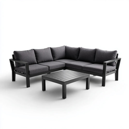 Sofa ogrodowa, 4- częściowa kanapa ogrodowa zestaw antracyt czarny 200 x 200 cm aluminiowy poliester kształt litery L z stolikiem do kawy