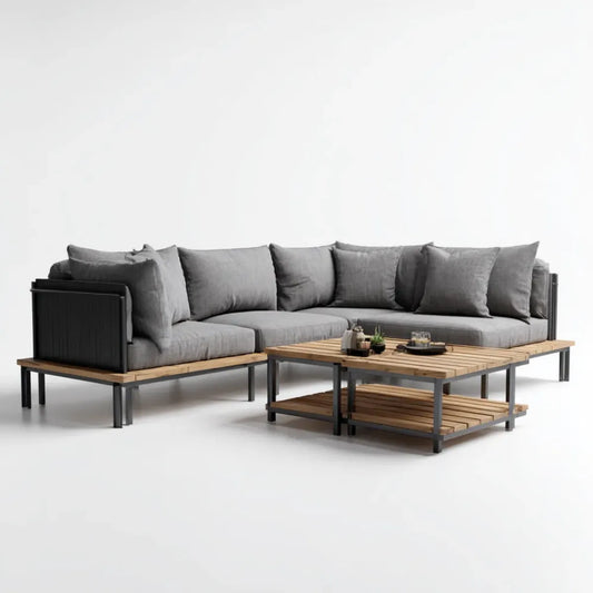 Sofa ogrodowa, Zestaw do barów szary z stolikiem do kawy z drewna acacia i stali 250 x 250 x 70 cm