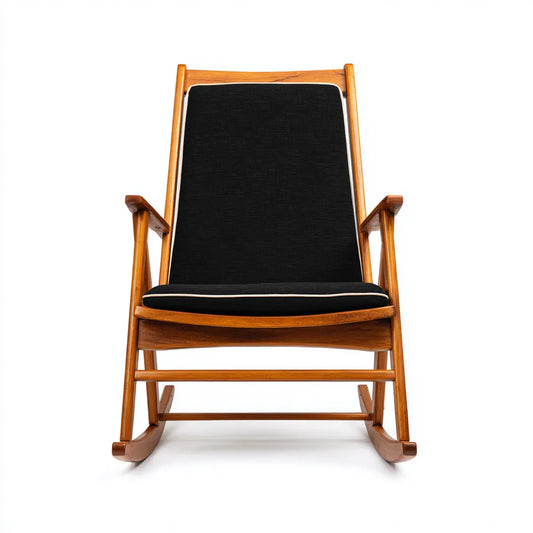 Fotel bujany, Czarne krzesełko z tyłu w litym drewnie i pościeli 65 x 95 x 105 cm