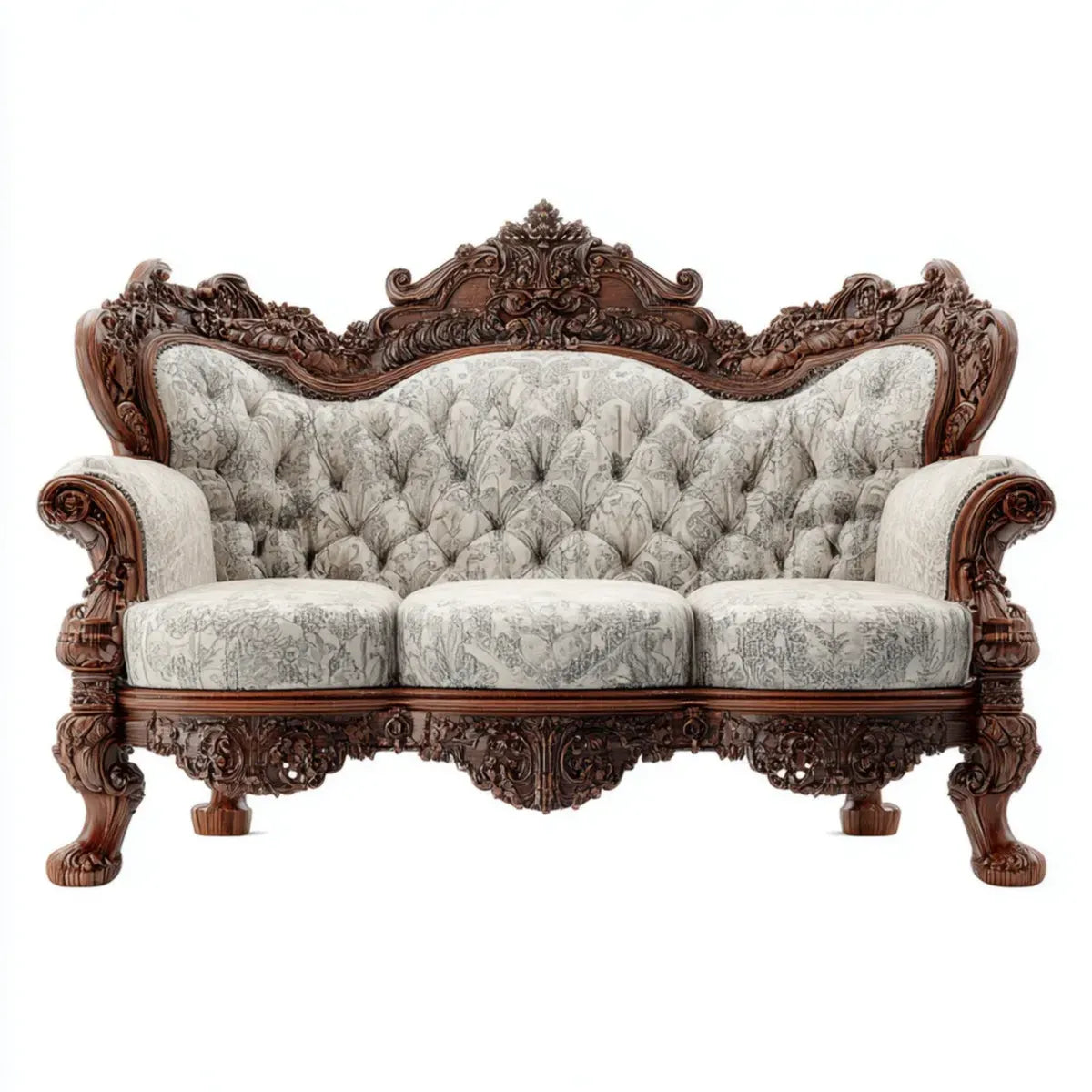 Sofa, 3 fotele barokowe kości słoniowej i orzecha włoskiego 230 x 95 x 125 cm w litym buku i w poliestrowym drewnie o profilu kształtowym