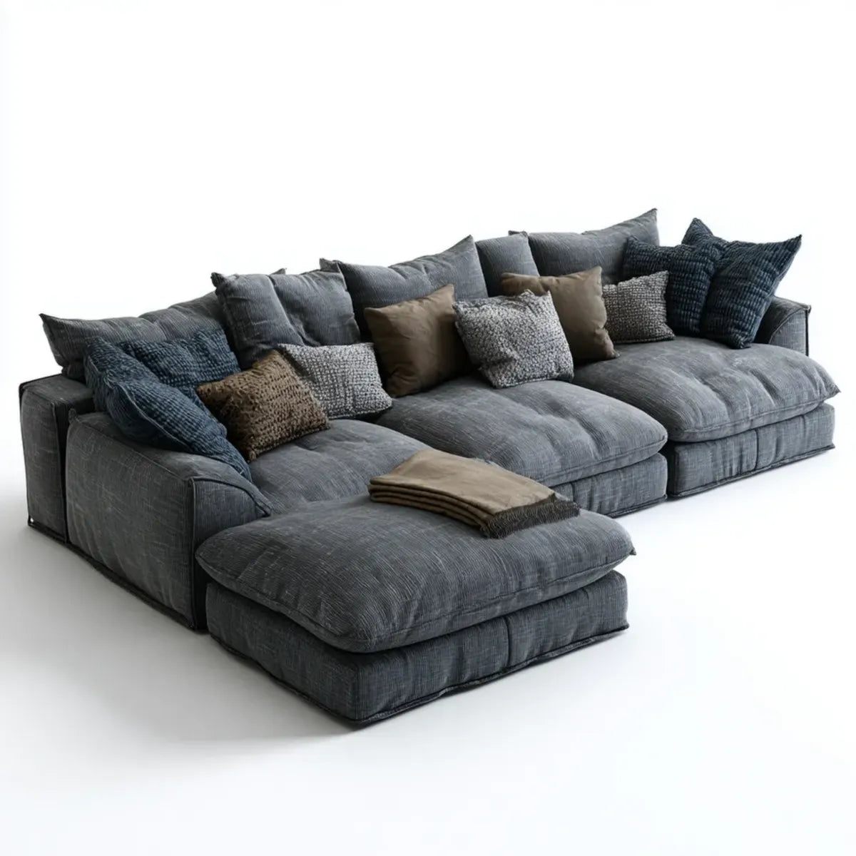 Sofa, Kanapa narożna 3 fotele z krzesełkiem z szarym węglem poliestrowym 320 x 170 x 85 cm L