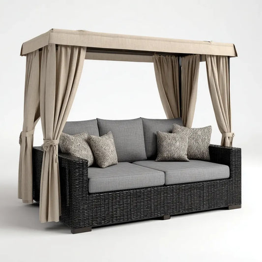 Sofa ogrodowa, Taras sofa 2- fotel z dachem pawilonu czarny szary beż 200 x 85 x 210 cm PE rattan prostokątna