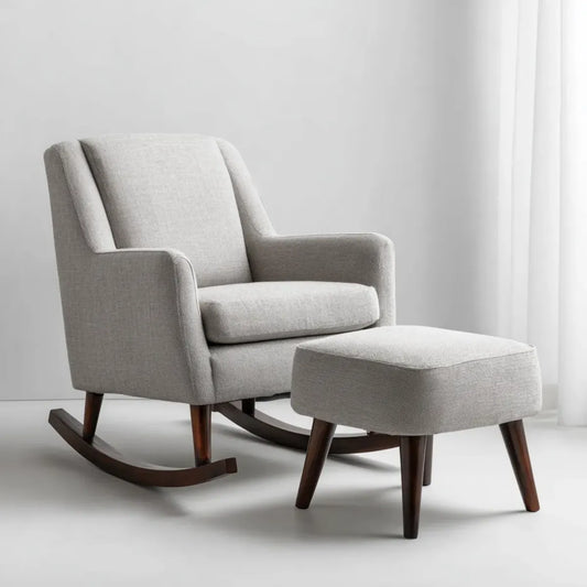 Fotel bujany, Zestaw fotel z podnóżkami szarymi 68 x 95 x 98 cm struktura powłoki poliestrowej w litym drewnie